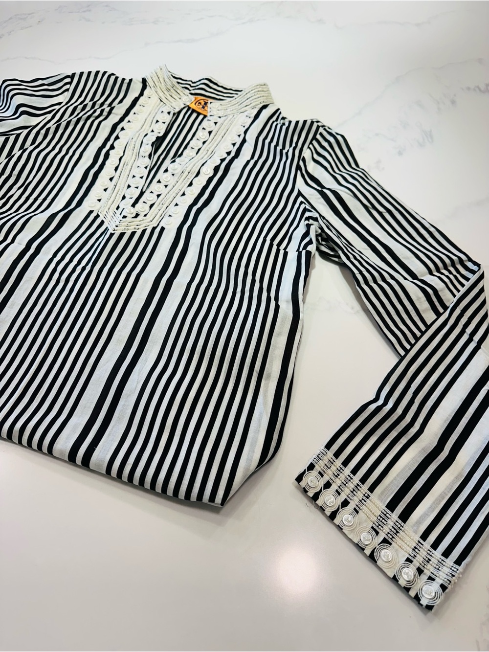 TORY BURCH SIZE 12~100% COTTON STRIPE BEADED V-NECK SUMMER BLOUSE TUNIC SHIRT~